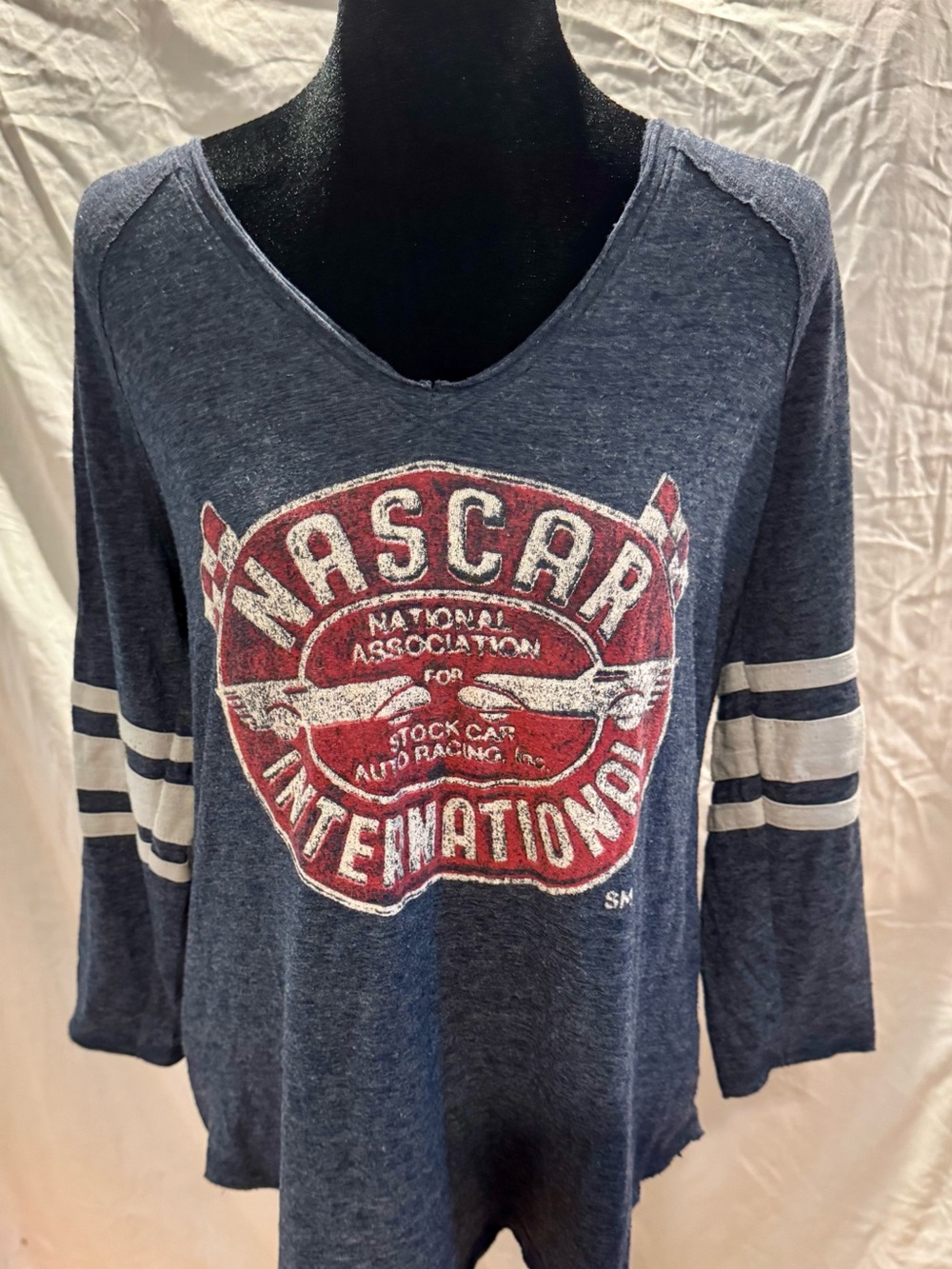 Lucky Brand Navy Blue NASCAR Graphic Jersey Shirt with White Stripe Sleeves